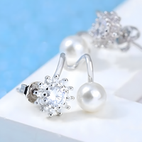 925 Sterling Silver Snowflake Stud Earrings with Pearl Accents, Sparkling CZ 326