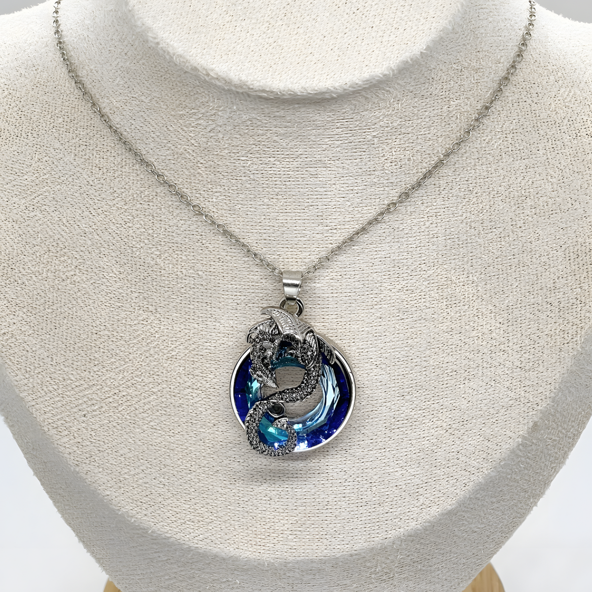 Cool Dragon Pendant Necklace Women, Men, Blue Crystal Hollowed Out Jewelry B149