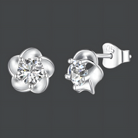 925 Silver-Plated Crystal Flower Stud Earrings Women Vintage Plant Design 1042