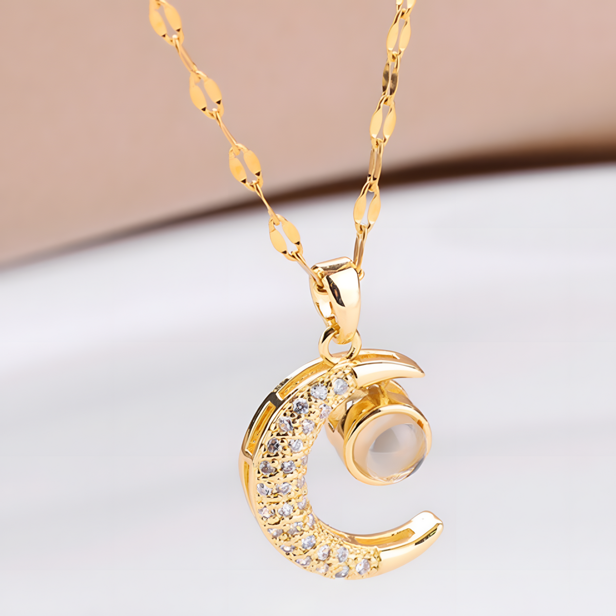 Gold Moon Pendant Necklace Stainless Steel Metal Alloy Trendy Crescent 1197