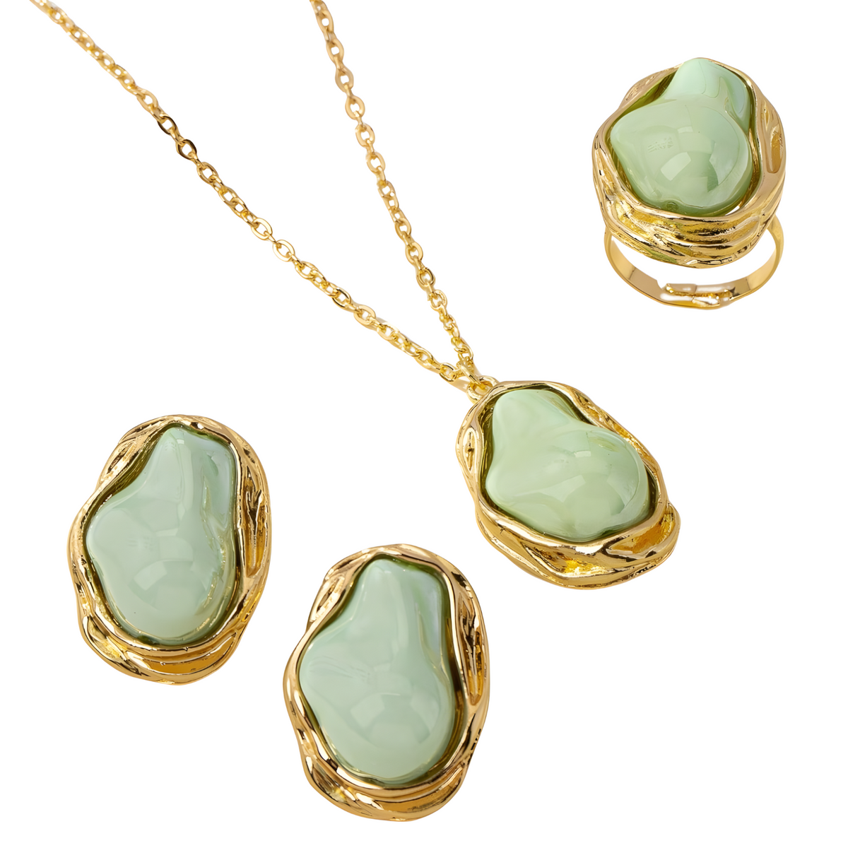 Irregular Green Stone Necklace, Earrings and Ring Set, Freeform Pendant 1724