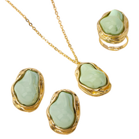 Irregular Green Stone Necklace, Earrings and Ring Set, Freeform Pendant 1724