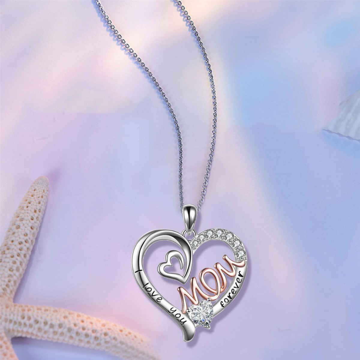 “I Love You Mom Forever” Heart Pendant Necklace – Cubic Zirconia Crystal B86