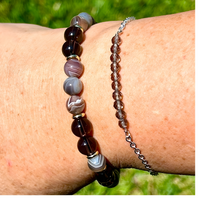Botswana Agate & Smoky Quartz Beaded Bracelet For Women Gold Tone Plate 1402