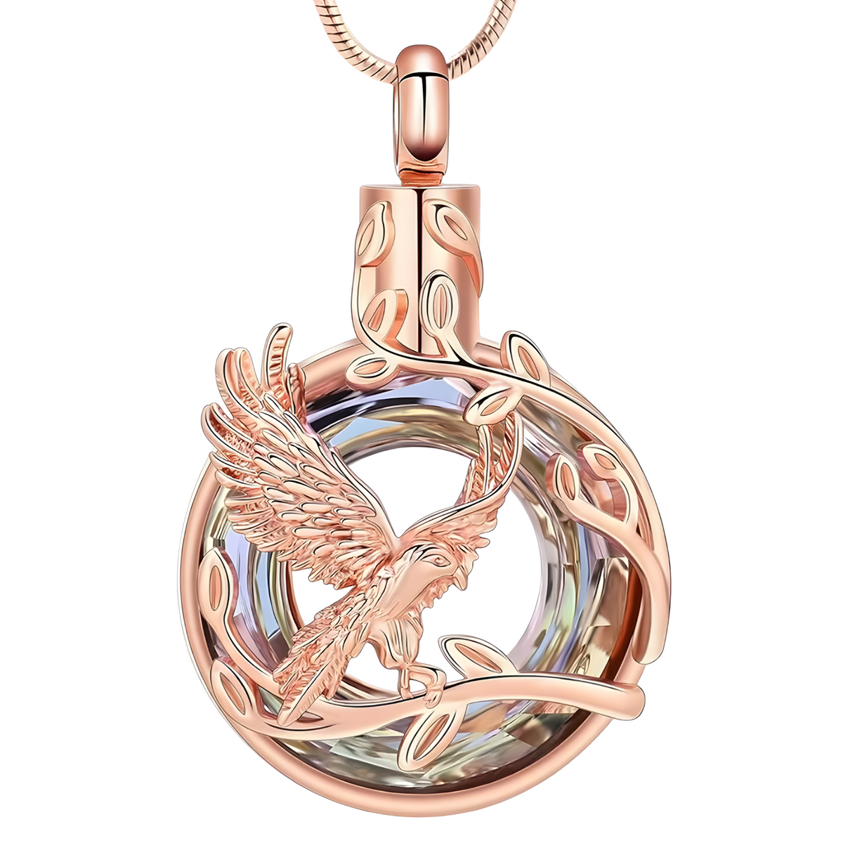 Rose Gold Eagle Bird Circular Crystal Inlay Pendant Necklace Snake Chain B205