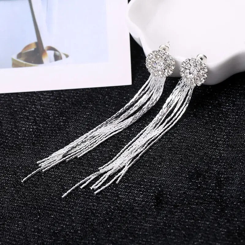 Full Shiny Rhinestone Tassel Design Long Dangle Earrings Luxury Elegant Style 97