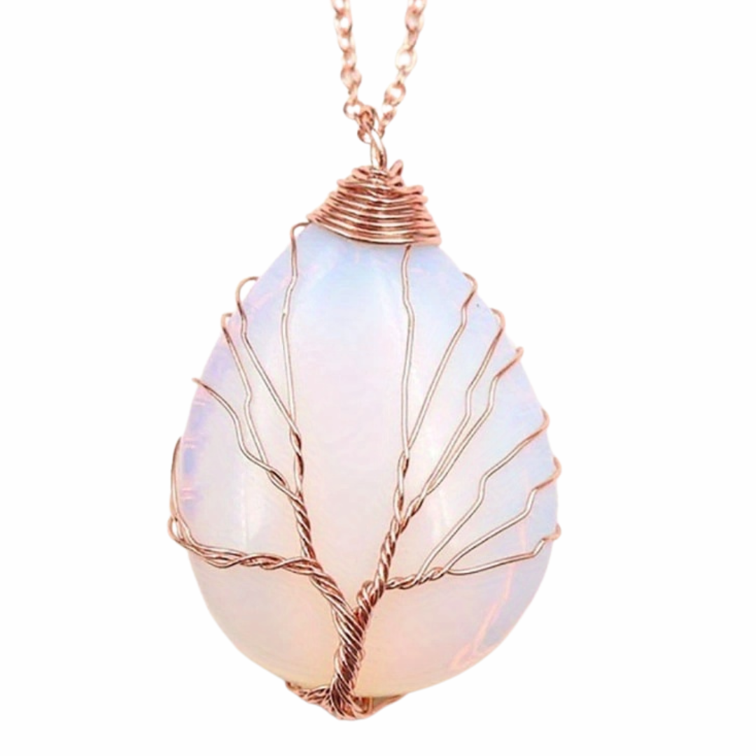 Gold Opal Tree Of Life Pendant Necklace For Women Opalescent Oval Gemstone 1339