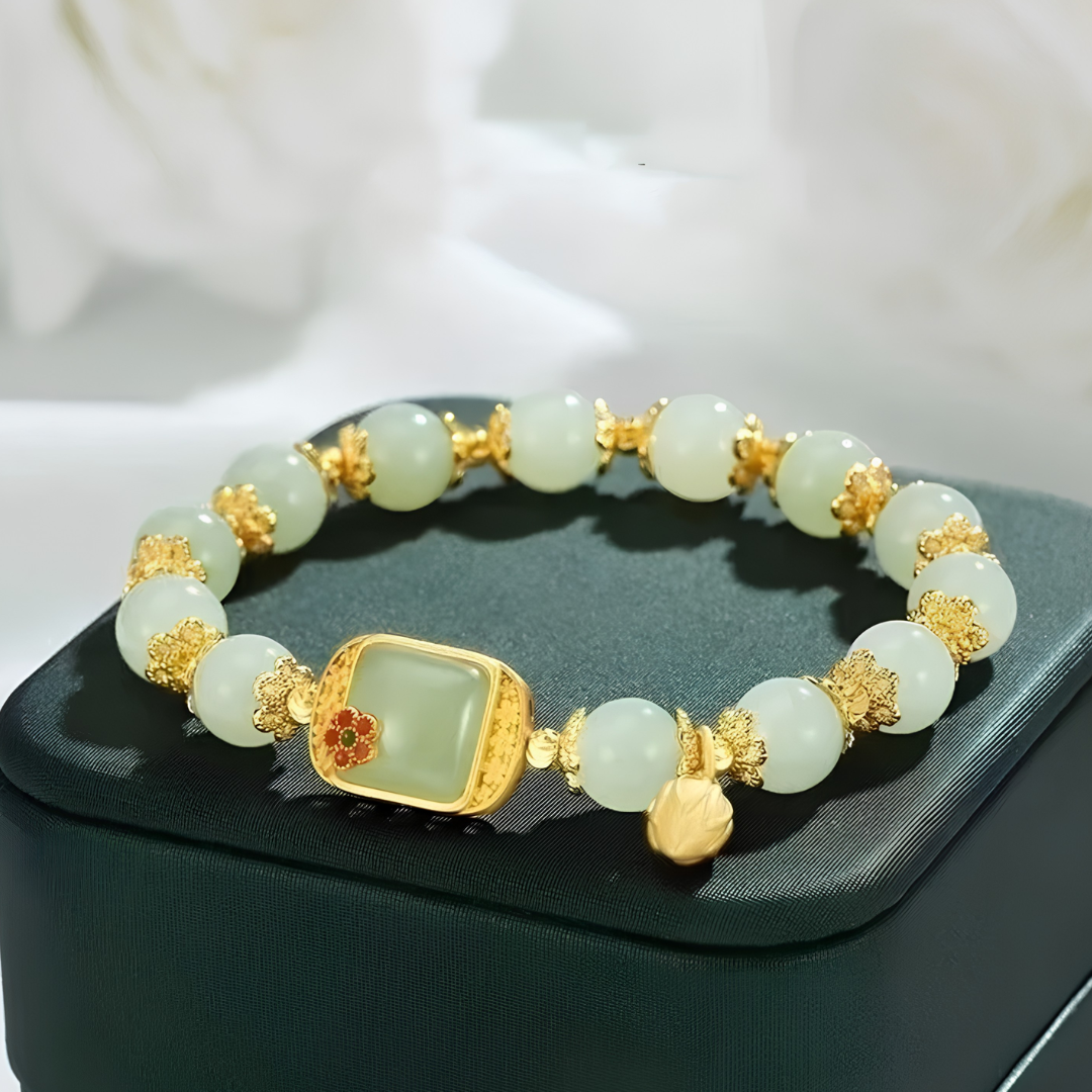 Green Beaded Bracelet, Gold Colour Square Centre Charm Lotus Drop Statement 1800