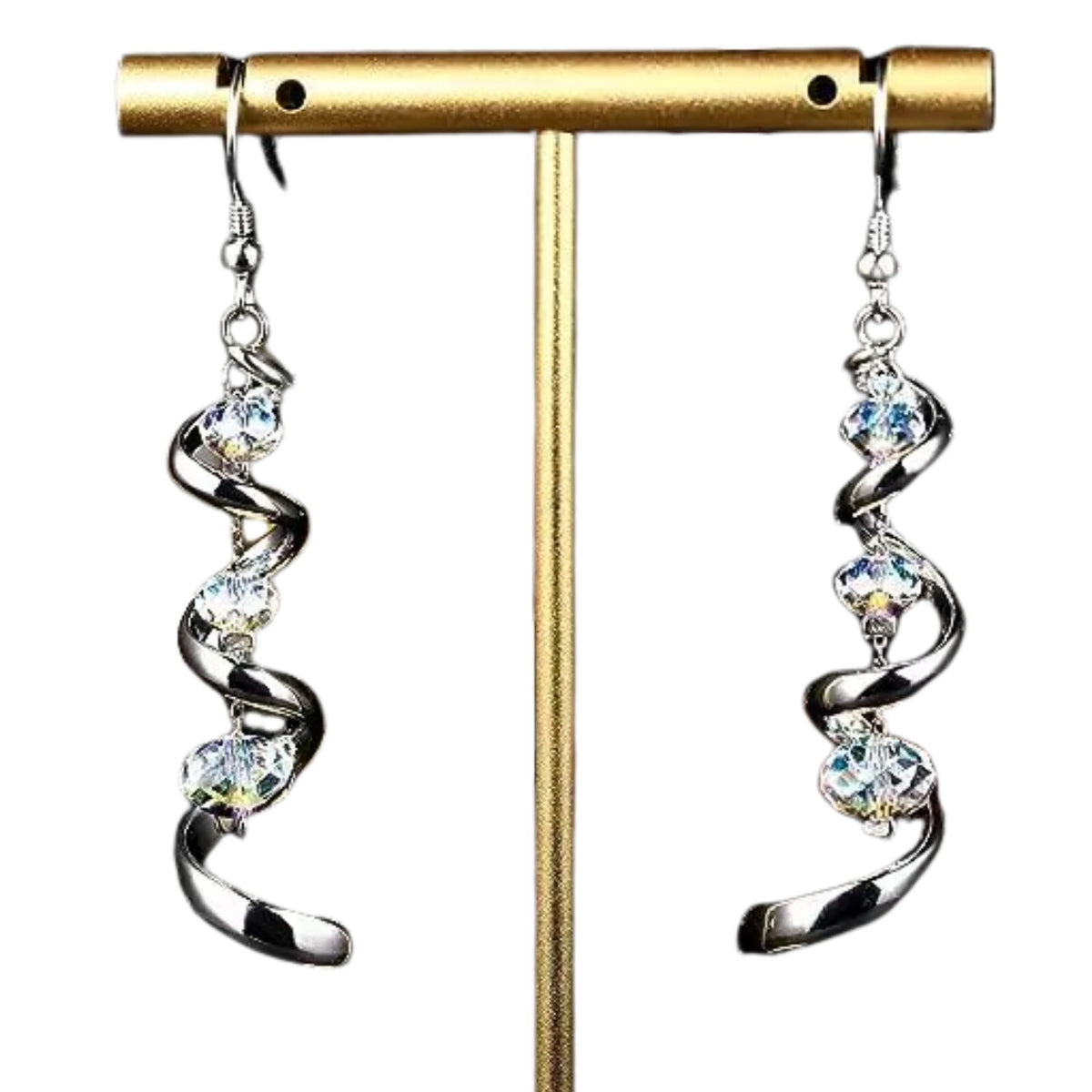 925 Sterling Silver Spiral Ribbon Teardrop Dangle Earrings Austrian Crystal B5