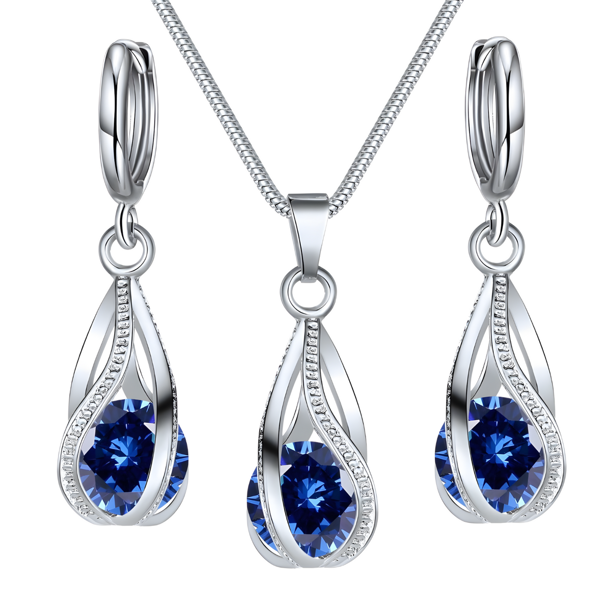 Blue Crystal Teardrop Jewellery Set Women, Silver Tone Water Drop Pendant 1718
