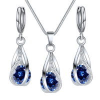 Blue Crystal Teardrop Jewellery Set Women, Silver Tone Water Drop Pendant 1718