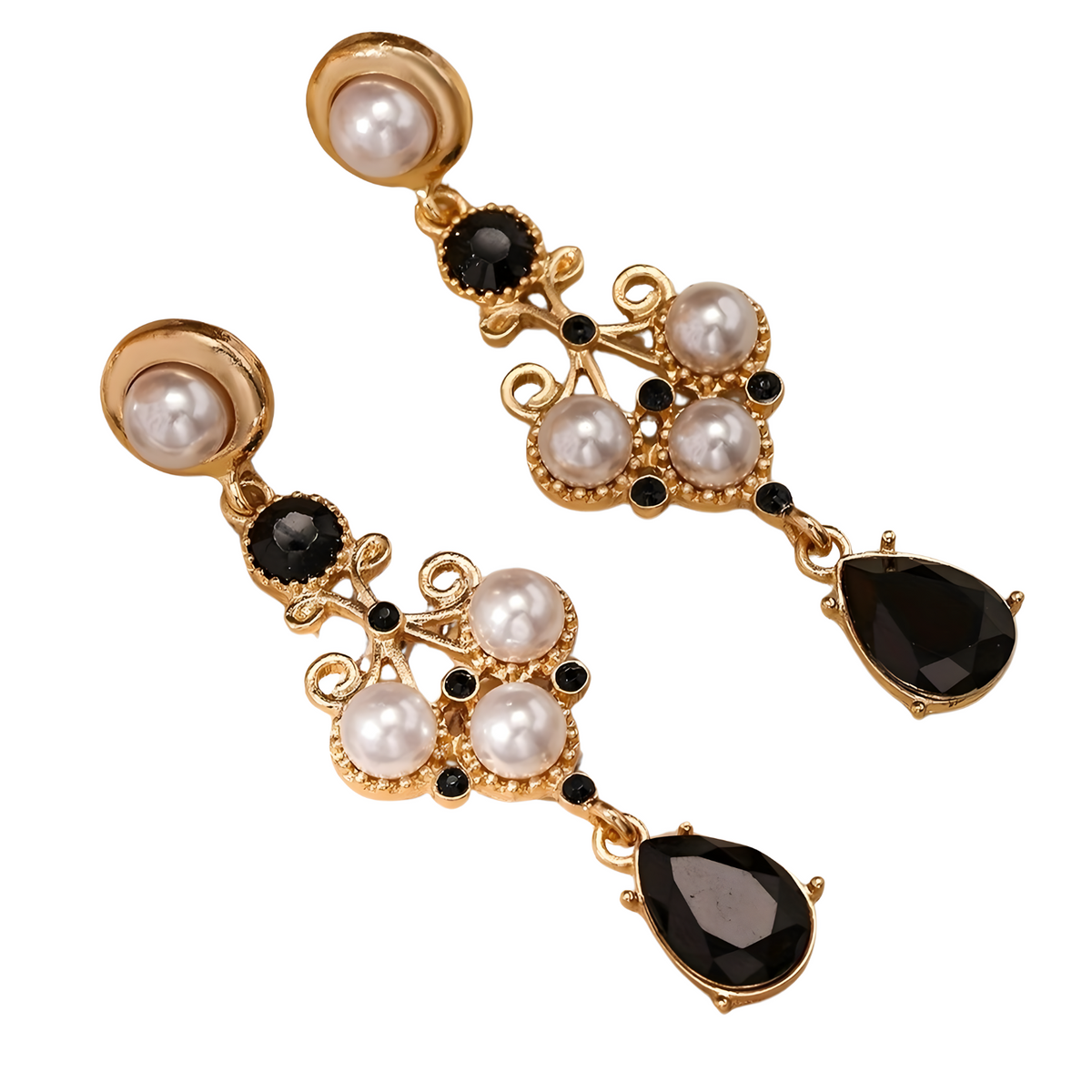 Gold Plated Drop Earrings – Black Rhinestone & Pearl Accent Vintage Earrings 738