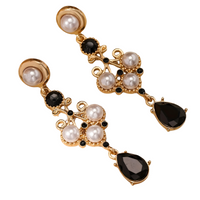 Gold Plated Drop Earrings – Black Rhinestone & Pearl Accent Vintage Earrings 738