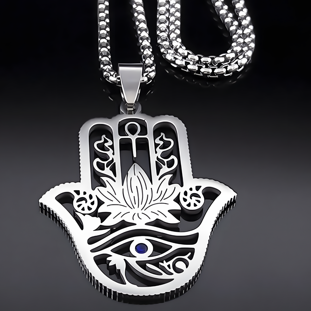 Hamsa Hand Lotus Necklace – Stainless Steel Eye Of Horus Pendant, Silver 1089