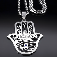 Hamsa Hand Lotus Necklace – Stainless Steel Eye Of Horus Pendant, Silver 1089