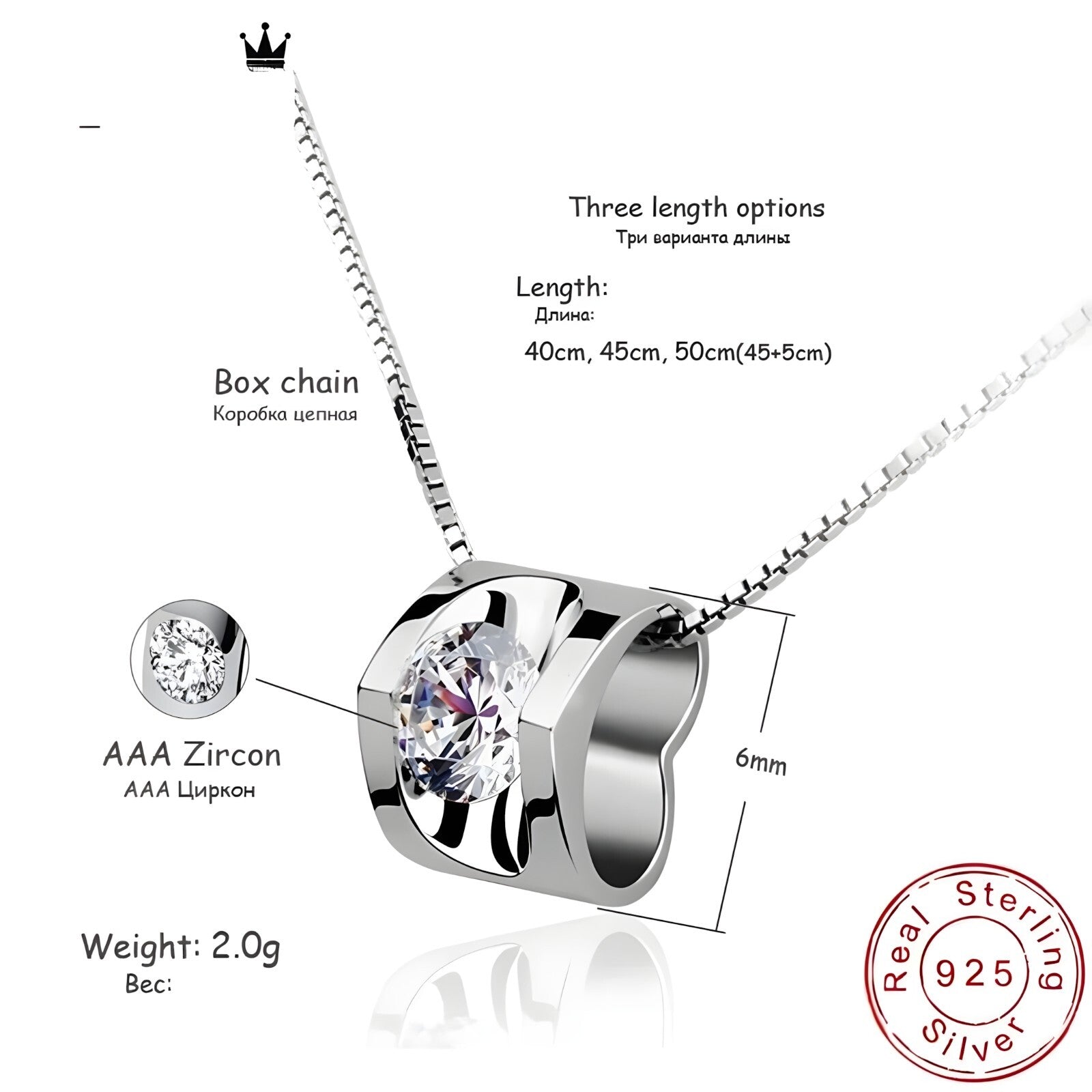 925 Sterling Silver Pendant Necklace for Women, Elegant AAA Zircon Charm 277