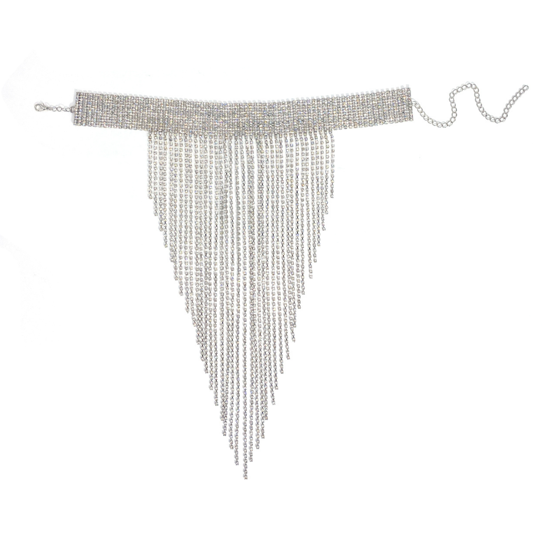 Rhinestone Tassel Choker Necklace -Crystal Fringe Necklace, Statement Choker 361