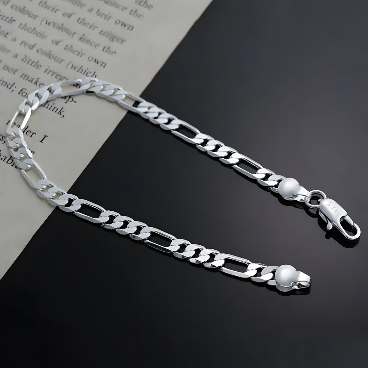 925 Silver-Plated Figaro Link Bracelet Durable Iron Alloy Chain with Secure 877