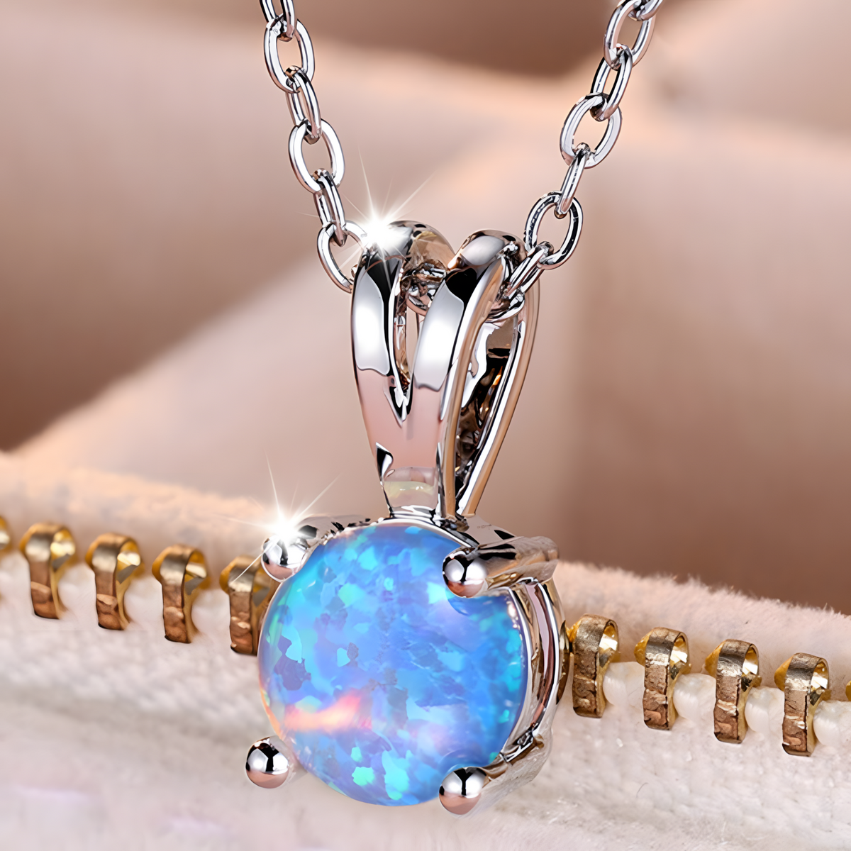 Blue Fire Opal Stone Pendant Necklace for Women | Cute Small Round Vintage B177