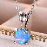 Blue Fire Opal Stone Pendant Necklace for Women | Cute Small Round Vintage B177