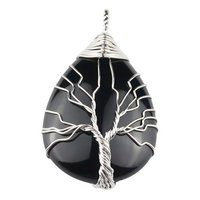 Black Agate Tree Of Life Pendant Necklace For Women Oval Gemstone Statement 1338