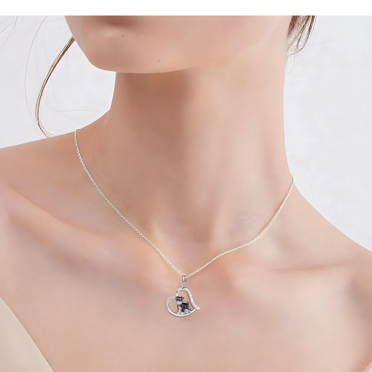 Silver Plated Schnauzer Dog Heart Pendant Necklace 45cm Chain Love Dog 1252