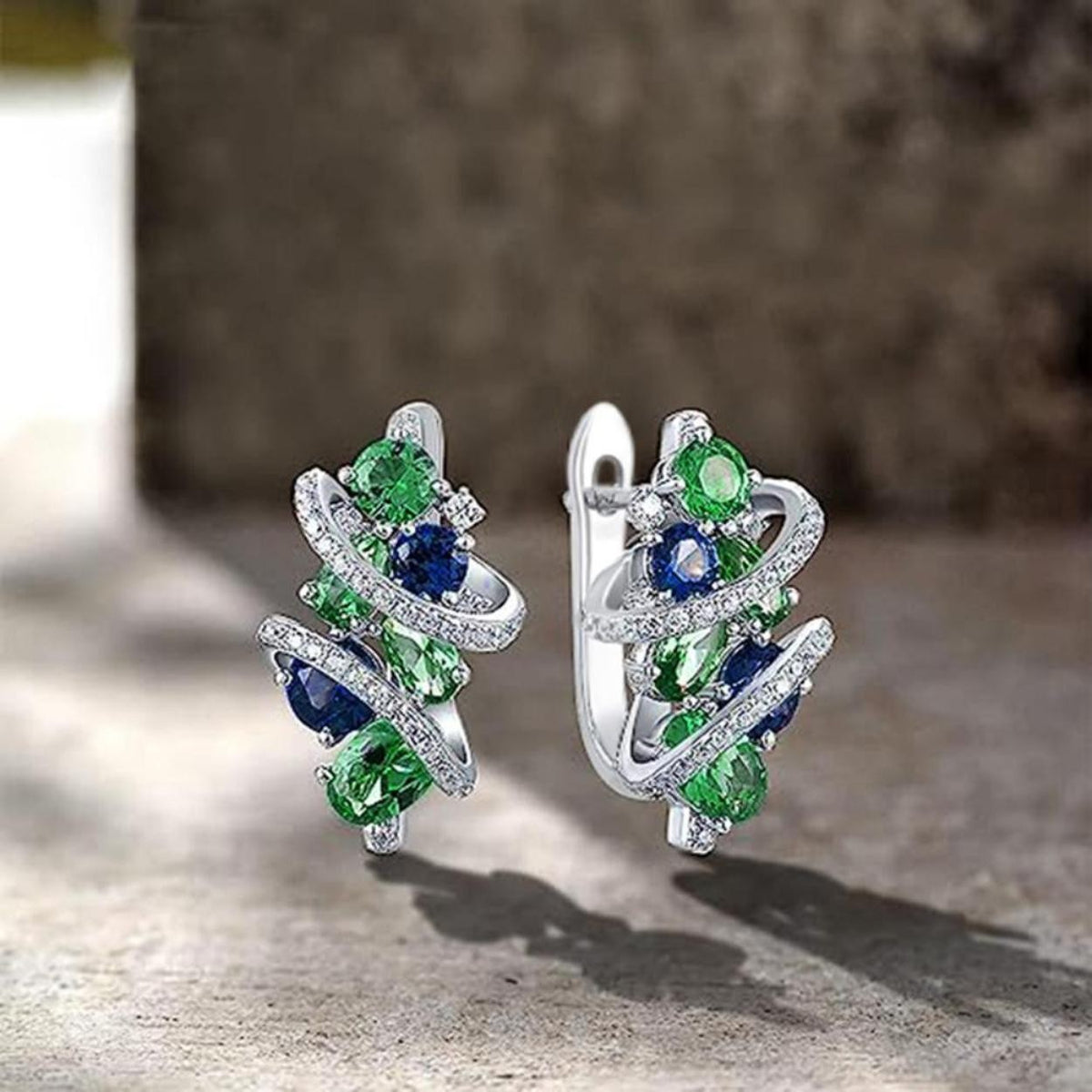 Sparkling Green & Blue Gemstone Swirl Hoop Drop Earrings – Women’s Bridal 1308