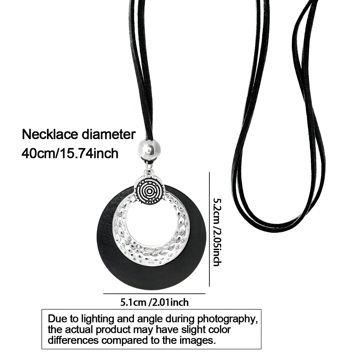 Boho Hammered Hoop Jewellery Set Women, Black Cord Round Pendant Necklace 1709