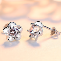 925 Silver-Plated Crystal Flower Stud Earrings Women Vintage Plant Design 1042