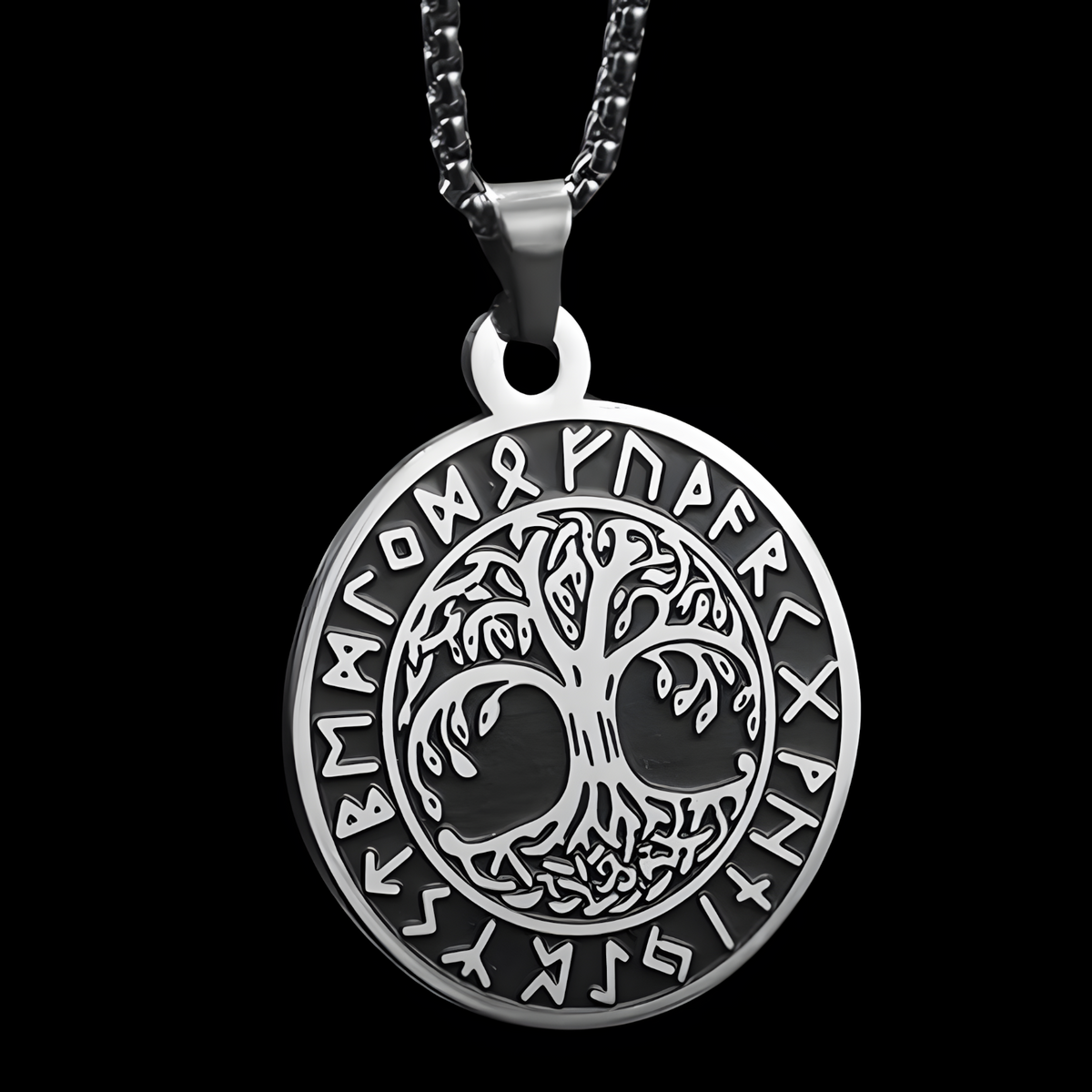 Viking Tree of Life Pendant Necklace for Men-Stainless Steel Nordic Circle- 1066