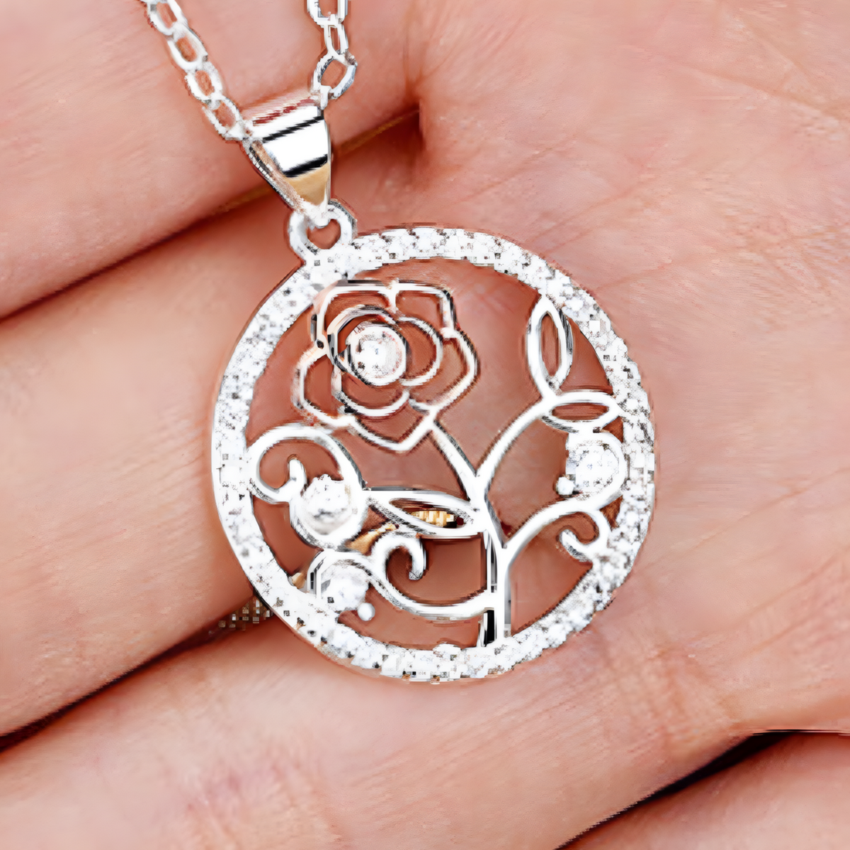 Elegant Rose Flower Diamond Pendant Necklace - Silver Tone Rose Gold Accent B84