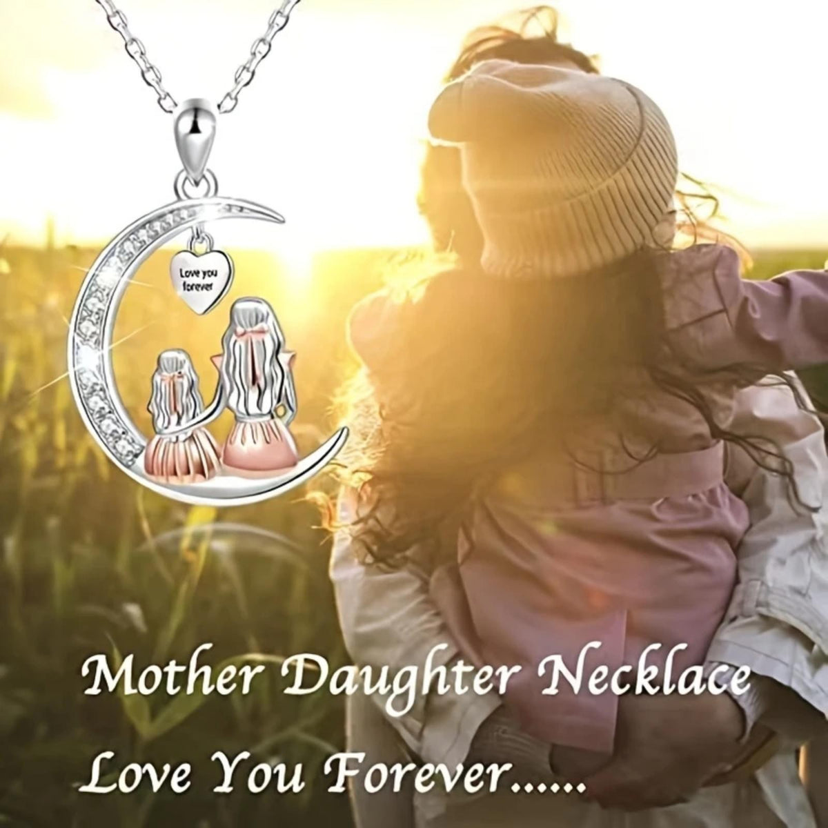 Crystal Moon Pendant Necklace for Women – Zinc Alloy Mother Daughter Heart 1126