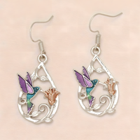 Silver Tone Hummingbird Flower Drop Earrings Vibrant Enamel Dangle Jewellery B10