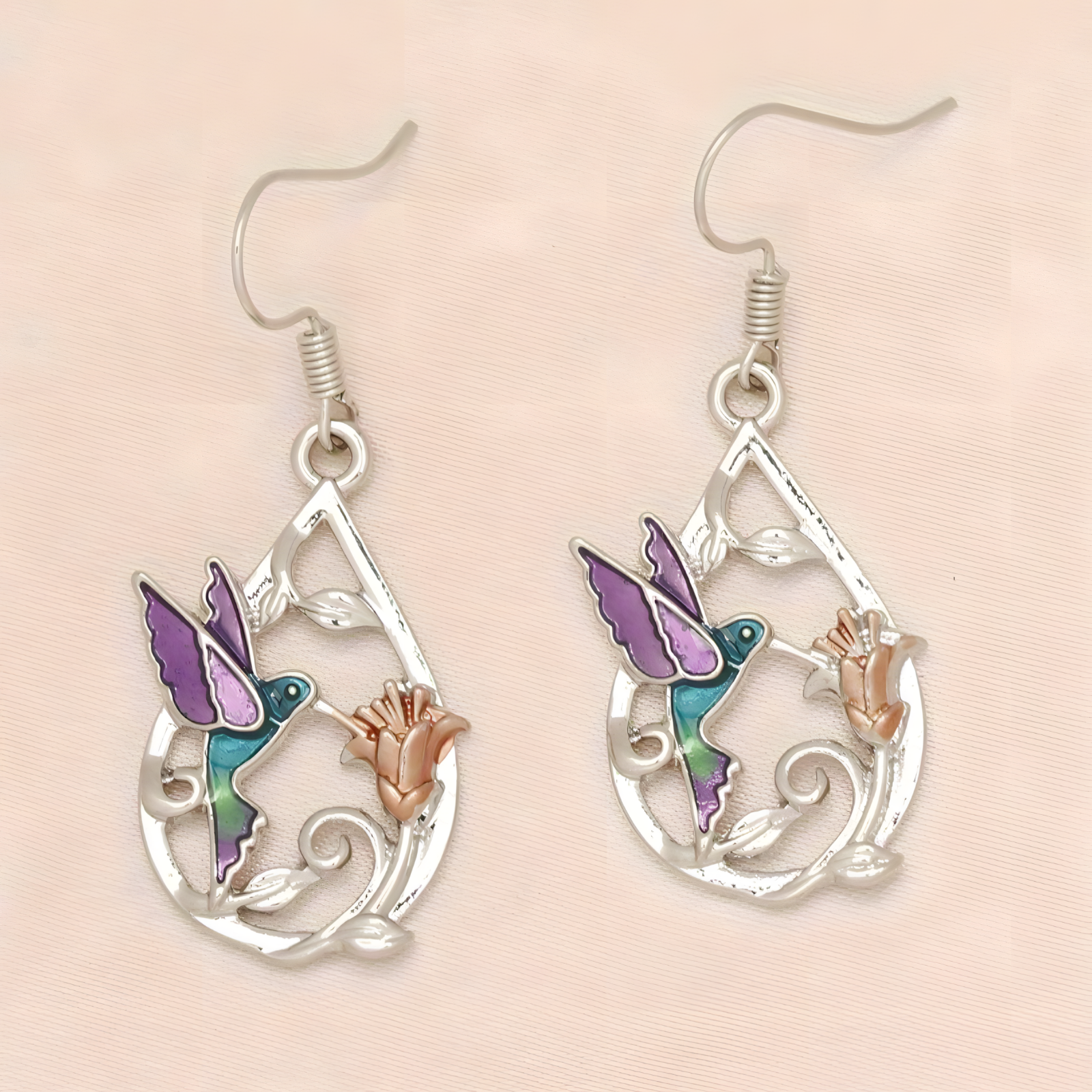 Silver Tone Hummingbird Flower Drop Earrings Vibrant Enamel Dangle Jewellery B10