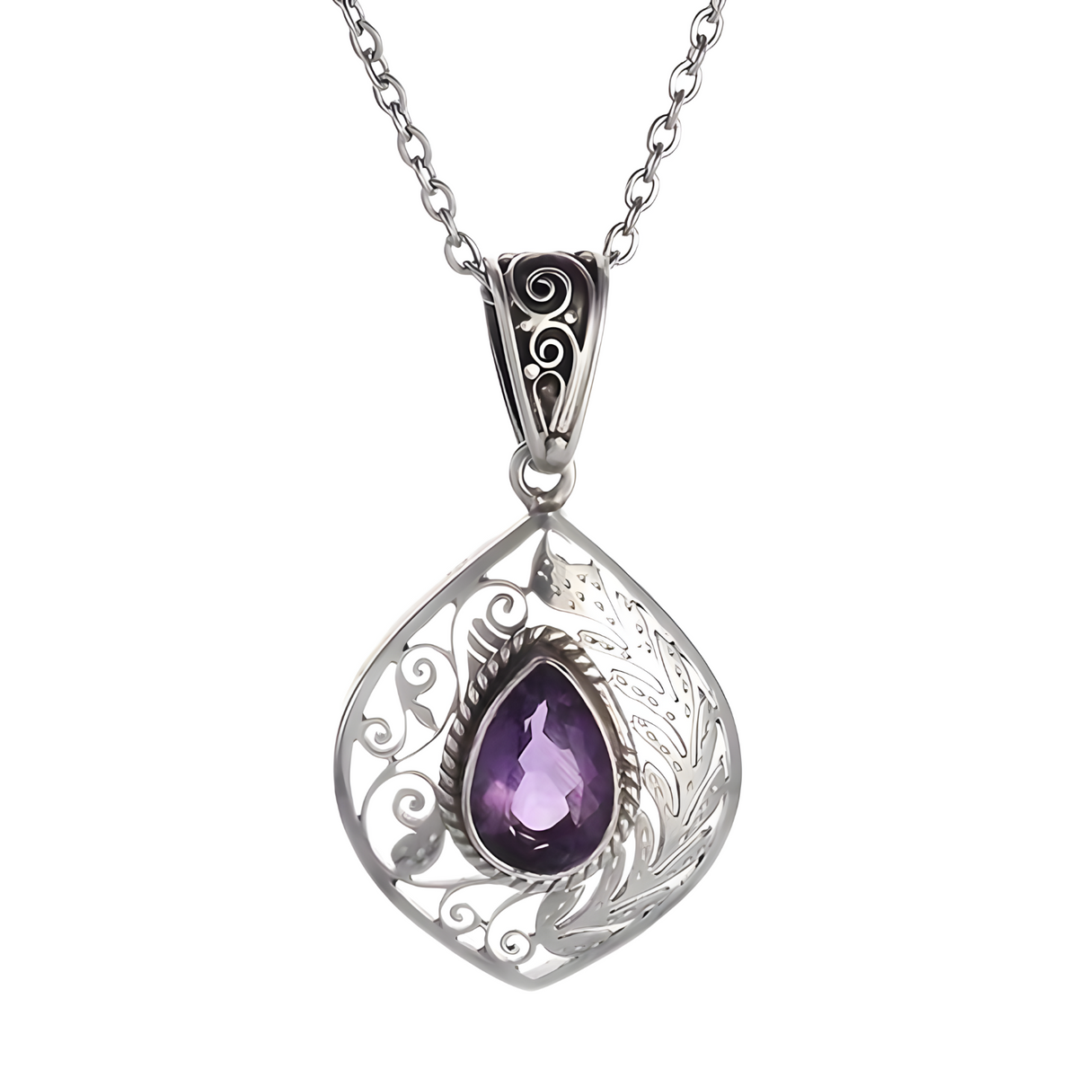 Vintage Amethyst Teardrop Pendant Necklace Zinc Silver Tone Filigree Jewelry 571