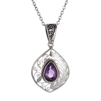 Vintage Amethyst Teardrop Pendant Necklace Zinc Silver Tone Filigree Jewelry 571