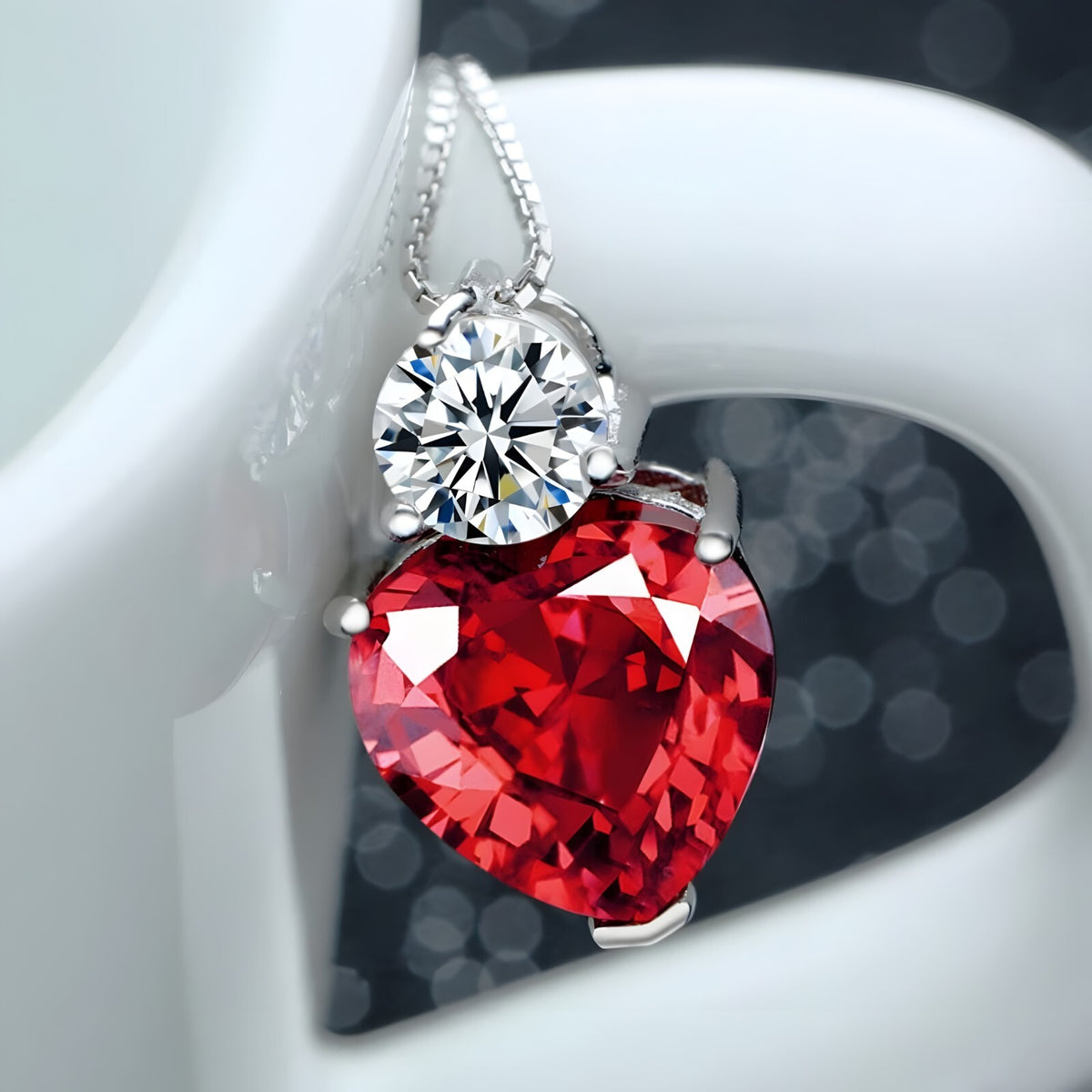 925 Sterling Silver Heart Pendant Necklace Red AAA Cubic Zirconia Box Chain 280