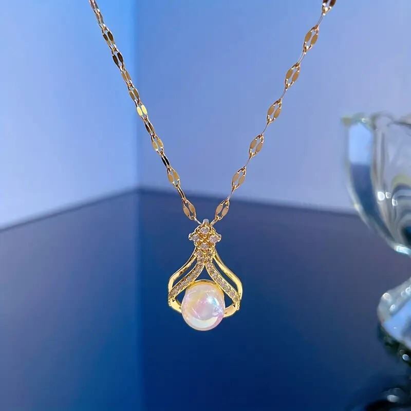 Stainless Steel Water Drop Pearl Pendant Necklace Women Fashion Clavicle 27 UK