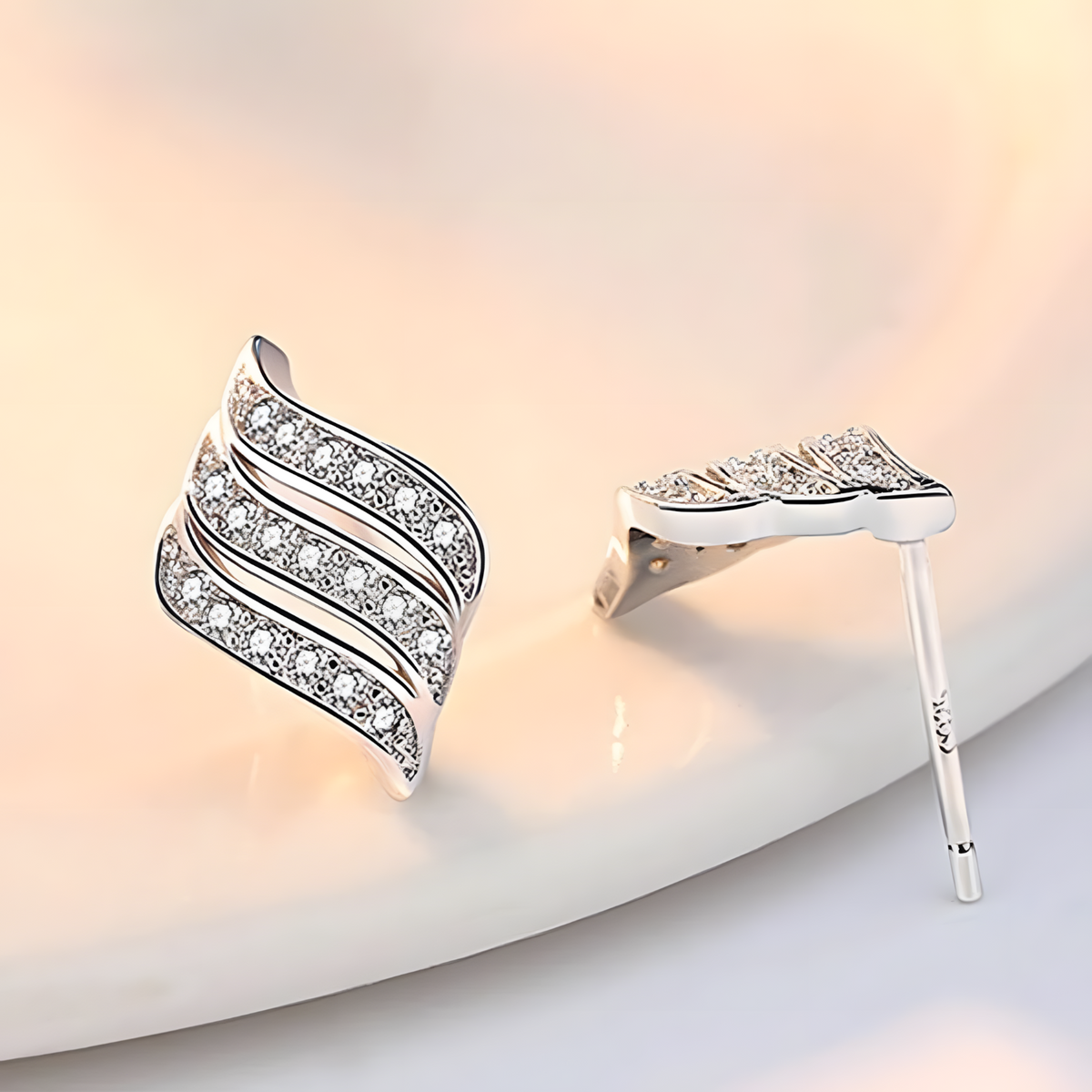 925 Sterling Silver Wave Design Earrings for Women – Sparkling Crystal Studs 311