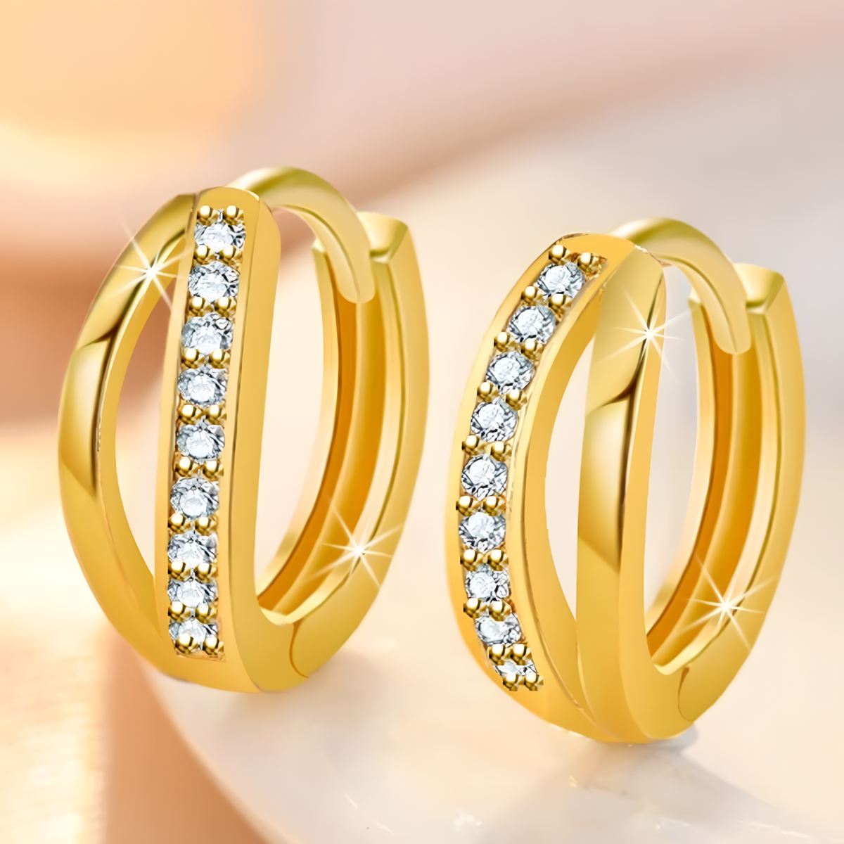 18K Gold-Plated Huggie Hoop Earrings Elegant Double Row Crystal Huggie Hoops 309