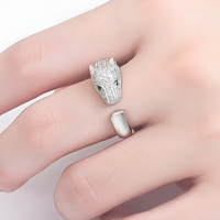 Leopard Head Open Adjustable Ring For Women Silver Colour Green Eye Animal 1755
