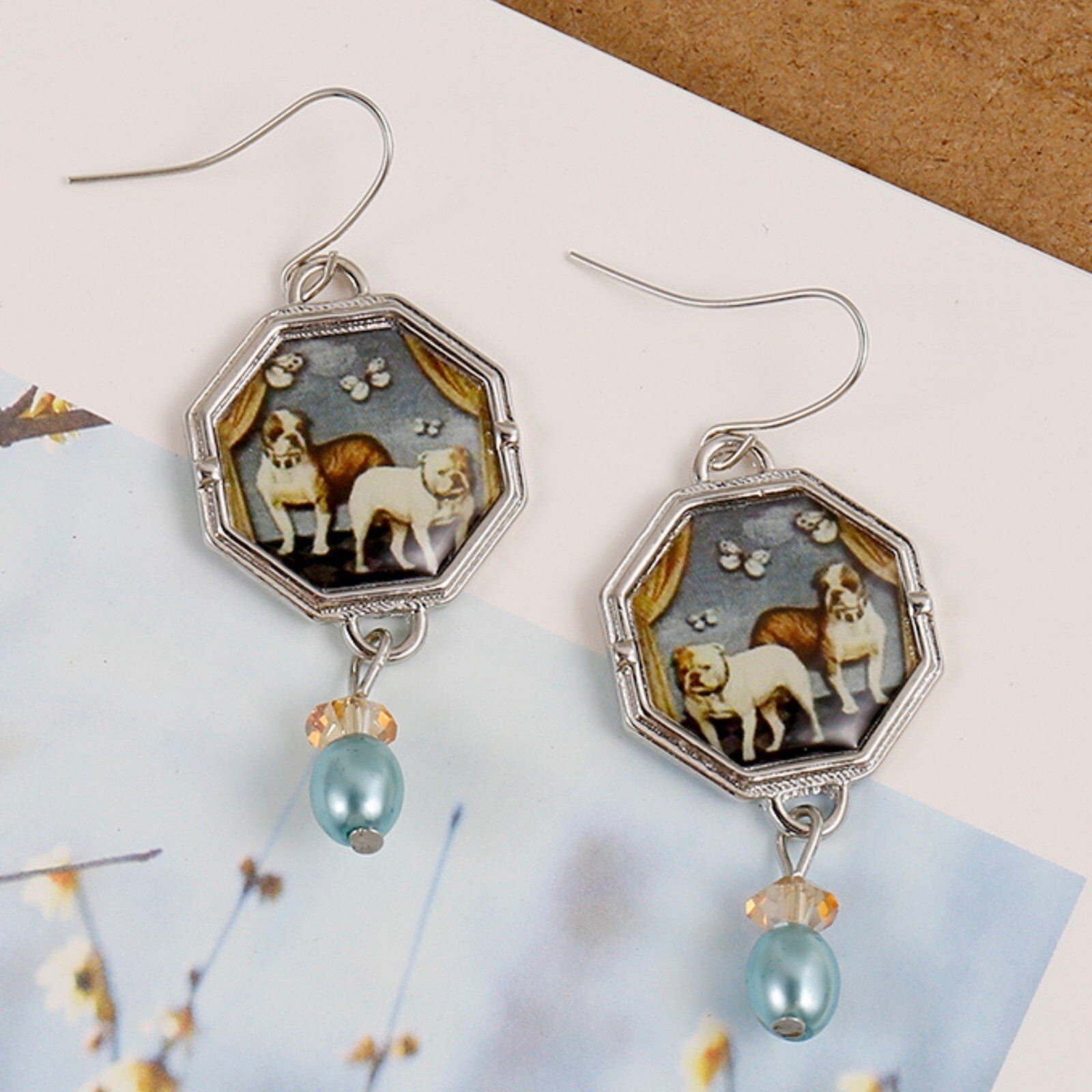 Vintage Dog Print Drop Earrings for Women – Handmade Octagon Dangle Earrings B3