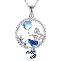 Vintage Mermaid Pendant Necklace Round Locket Crystal Moonstone Ocean Style B165