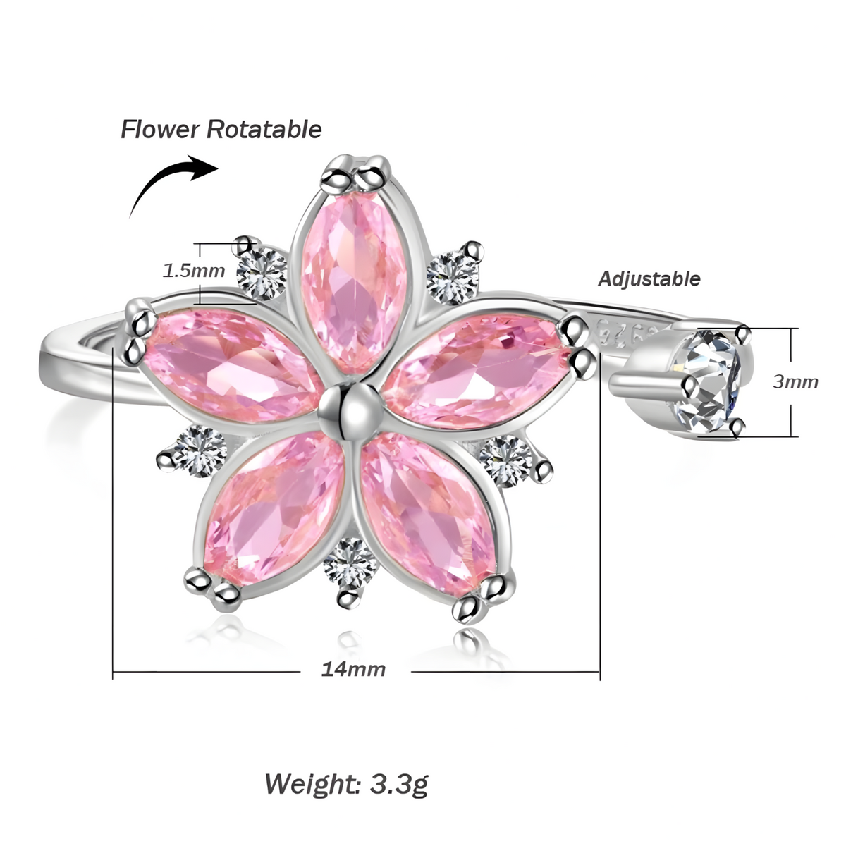 925 Sterling Silver Pink Zircon Rotatable Flower Adjustable Ring Spinning 365
