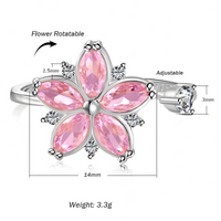 925 Sterling Silver Pink Zircon Rotatable Flower Adjustable Ring Spinning 365