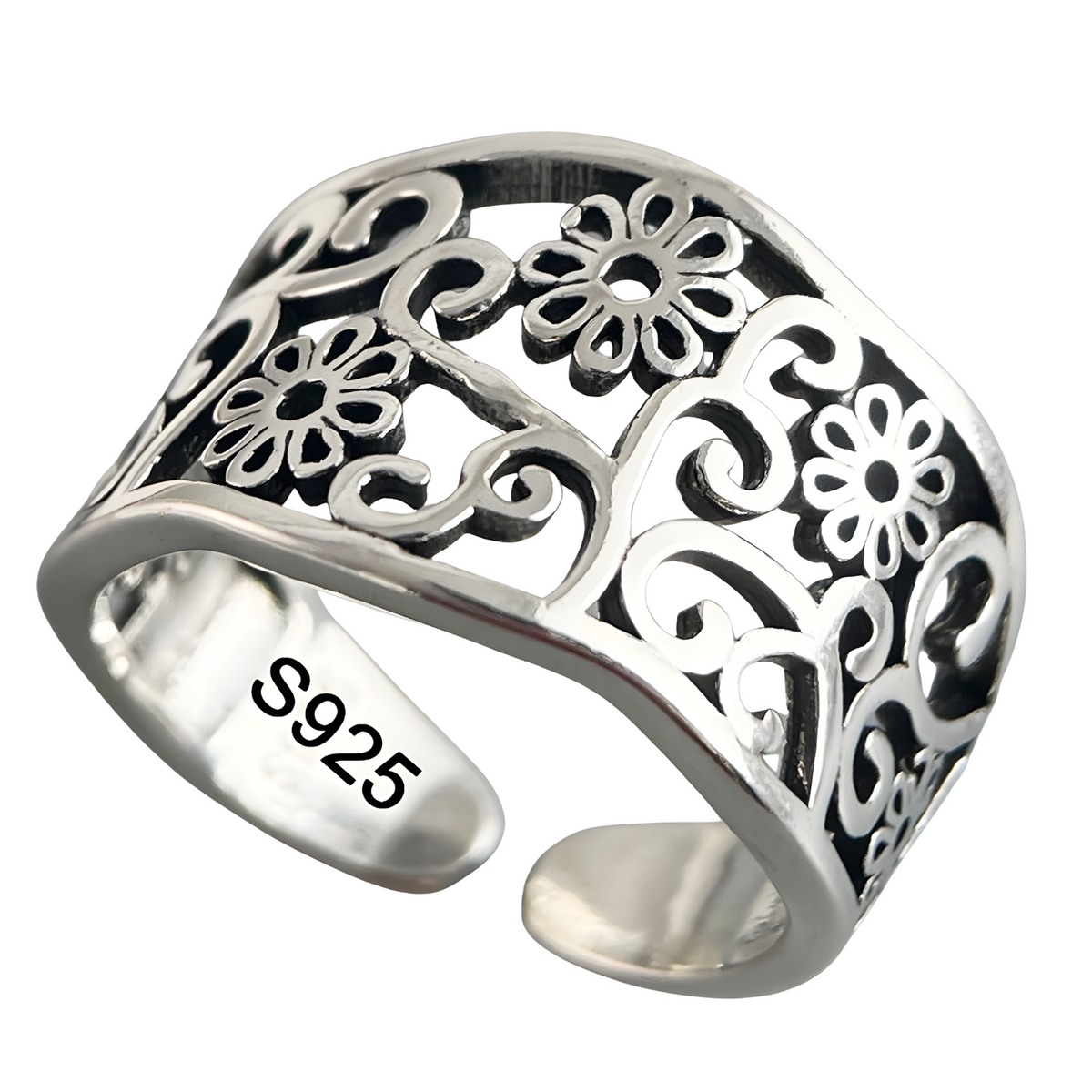 925 Sterling Silver Floral Adjustable Ring, Wide Openwork Flower Statement 1883