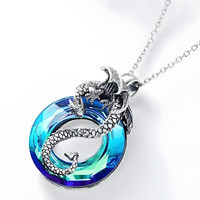 Cool Dragon Pendant Necklace Women, Men, Blue Crystal Hollowed Out Jewelry B149