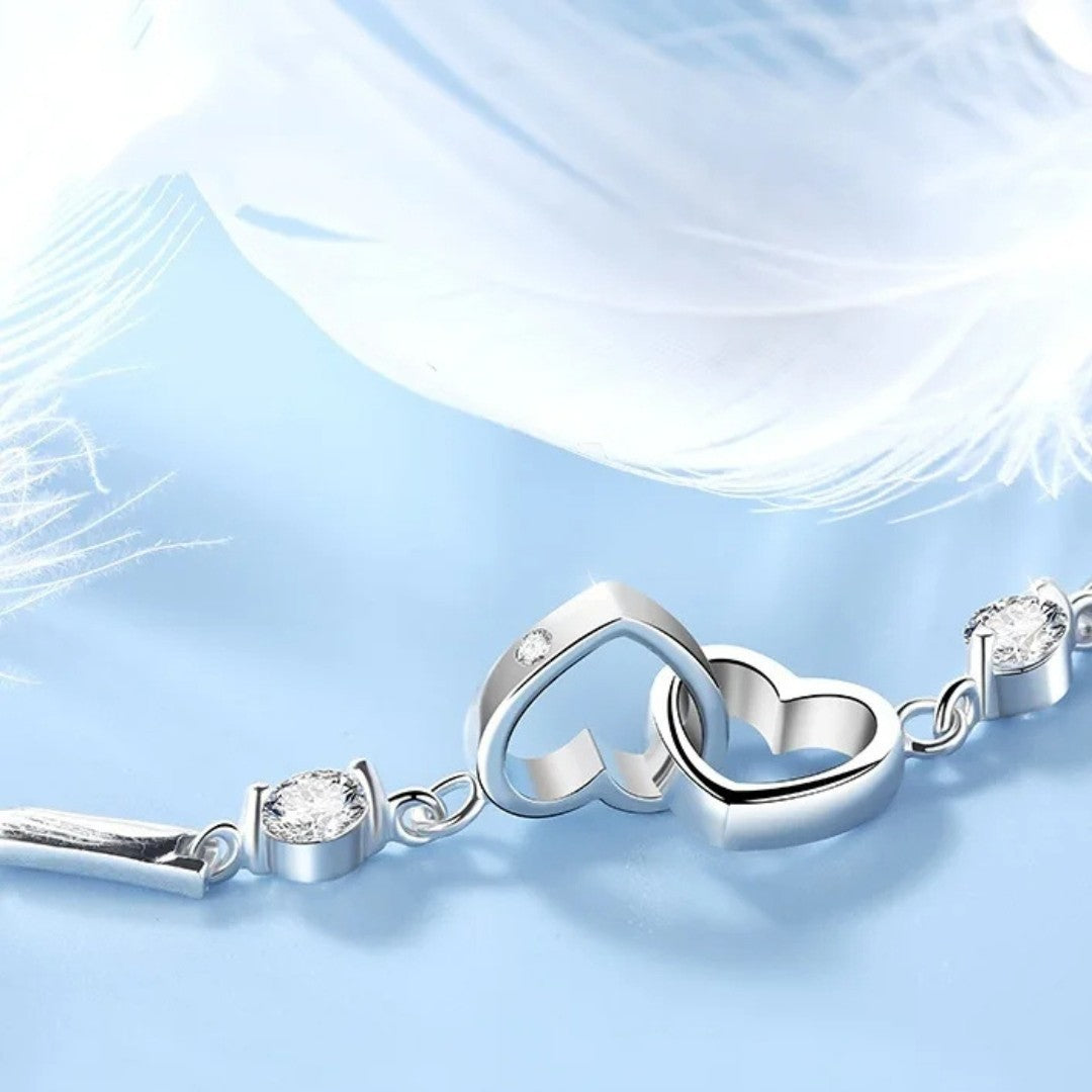 Silver Plated Double Heart Bracelet with Cubic Zirconia Stones for Women 419