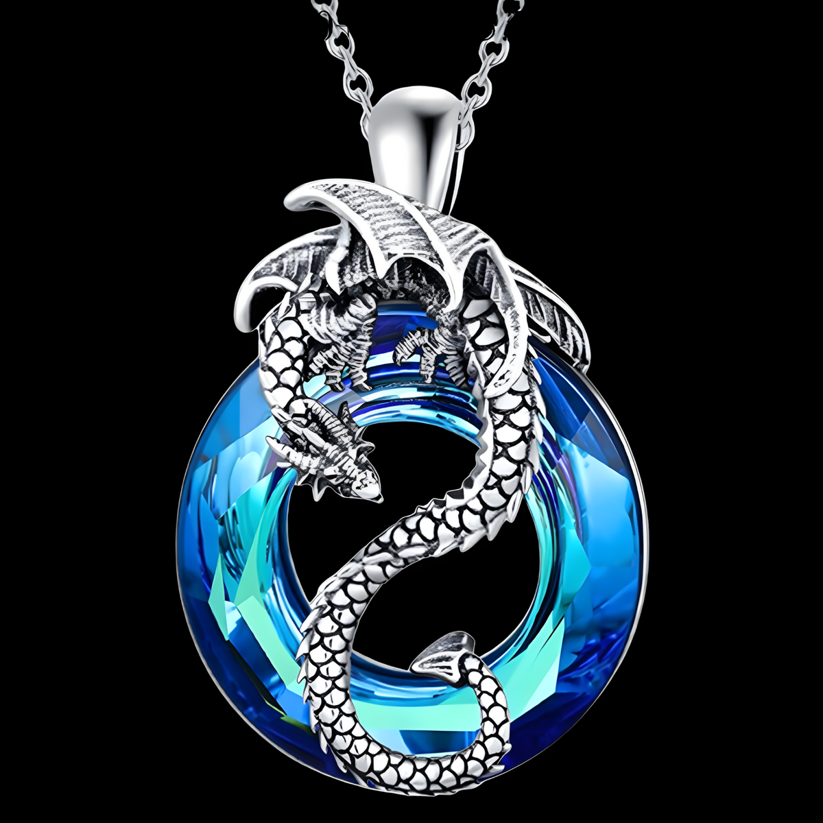 Cool Dragon Pendant Necklace Women, Men, Blue Crystal Hollowed Out Jewelry B149