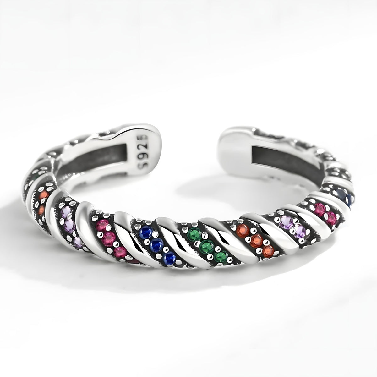 925 Sterling Silver Adjustable Ring, Colorful CZ Stone Ring, Twisted Rope 374